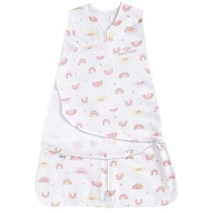 Halo Baby Sleep Sack Swaddle in White with Pink & Yellow Rainbow Print